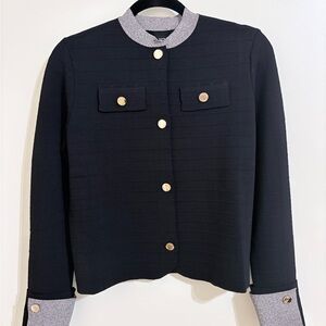 Elegant Black Blazer with Gray Trim and Gold Buttons